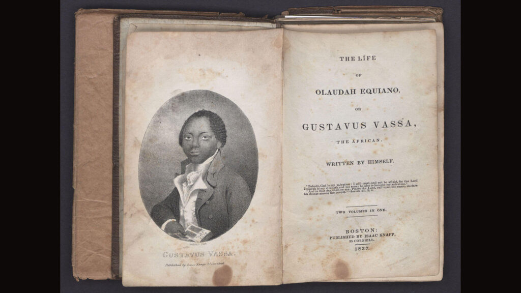 Archival photo of book titled The Interesting Narrative of the Life of Olaudah Equiano, or Gustavus Vassa, the African, written by a prominent Sons of Africa member.