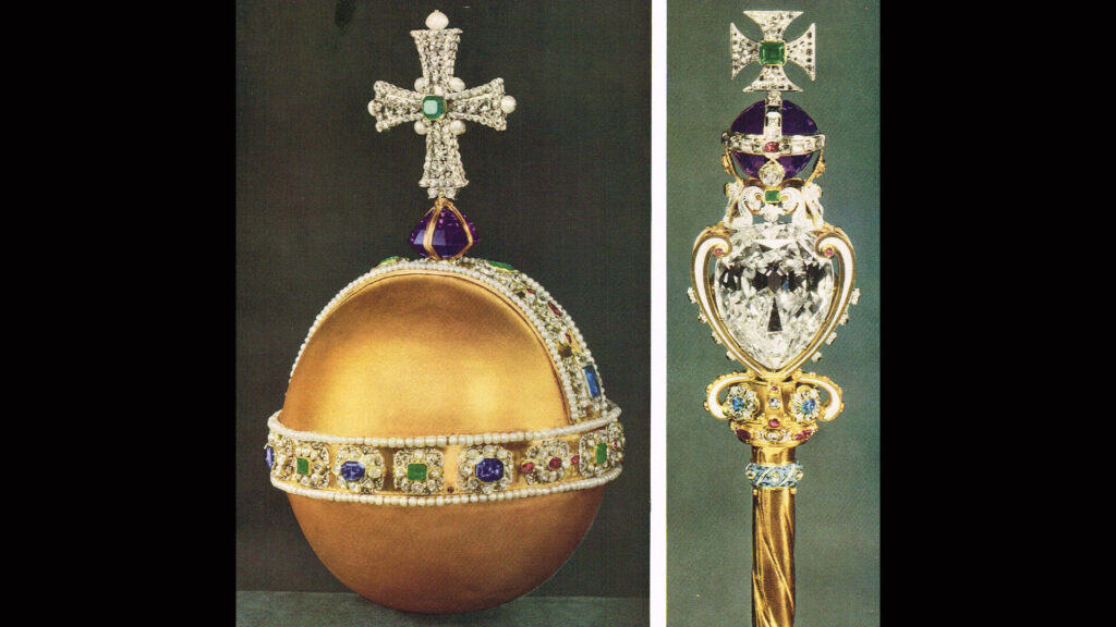 The royal orb and the royal sceptre with cross. Crown Jewels of the UK.