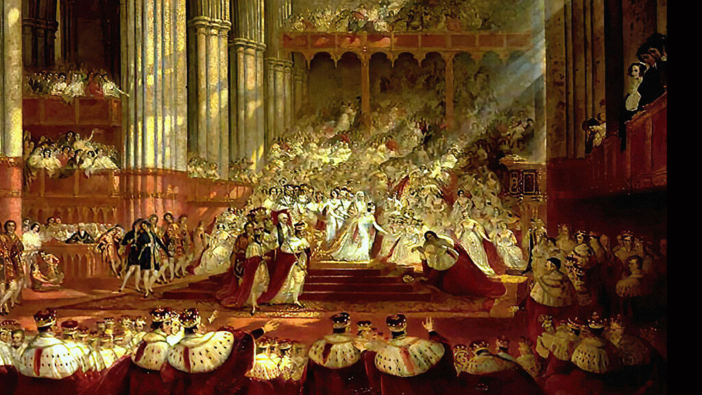 Close up of John Martin’s 1839 painting of Victoria’s Coronation.