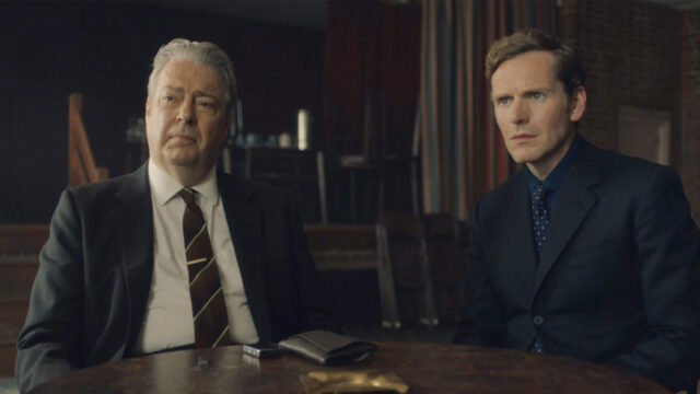 Roger Allam as DCI Fred Thursday and Shaun Evans as Endeavour Morse sitting at a table