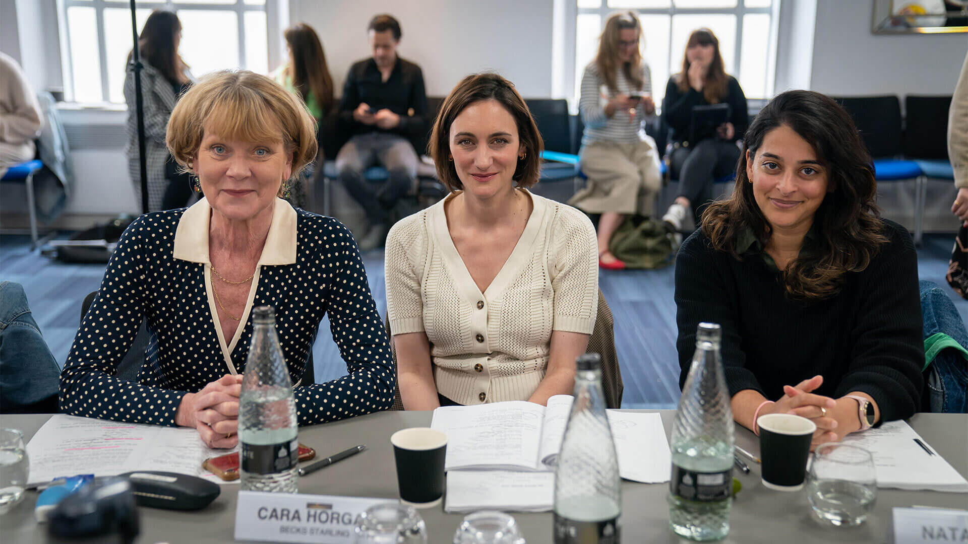 Samantha Bond, Cara Horgan and Natalie Dew at The Marlow Murder Club script read-through.