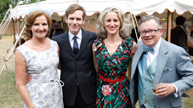 Caroline O'Neill, Shaun Evans, Abigail Thaw, and James Bradshaw behind the scenes of the Endeavour series finale