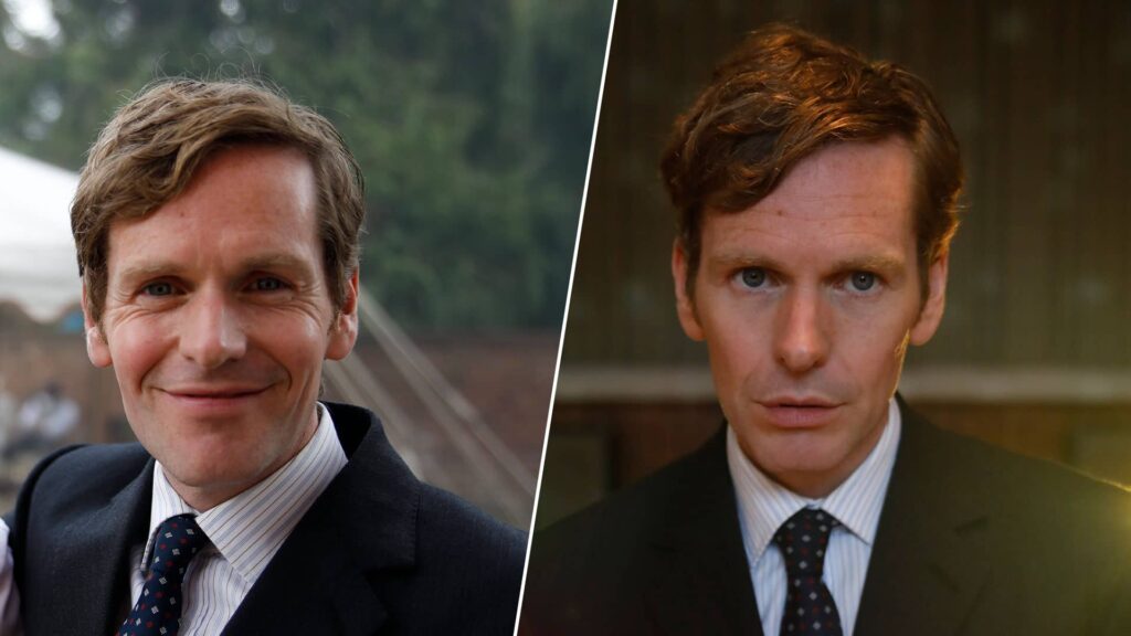 A split image with actor Shaun Evans smiling broadly on the left and his character Endeavour Morse looking distraught on the right
