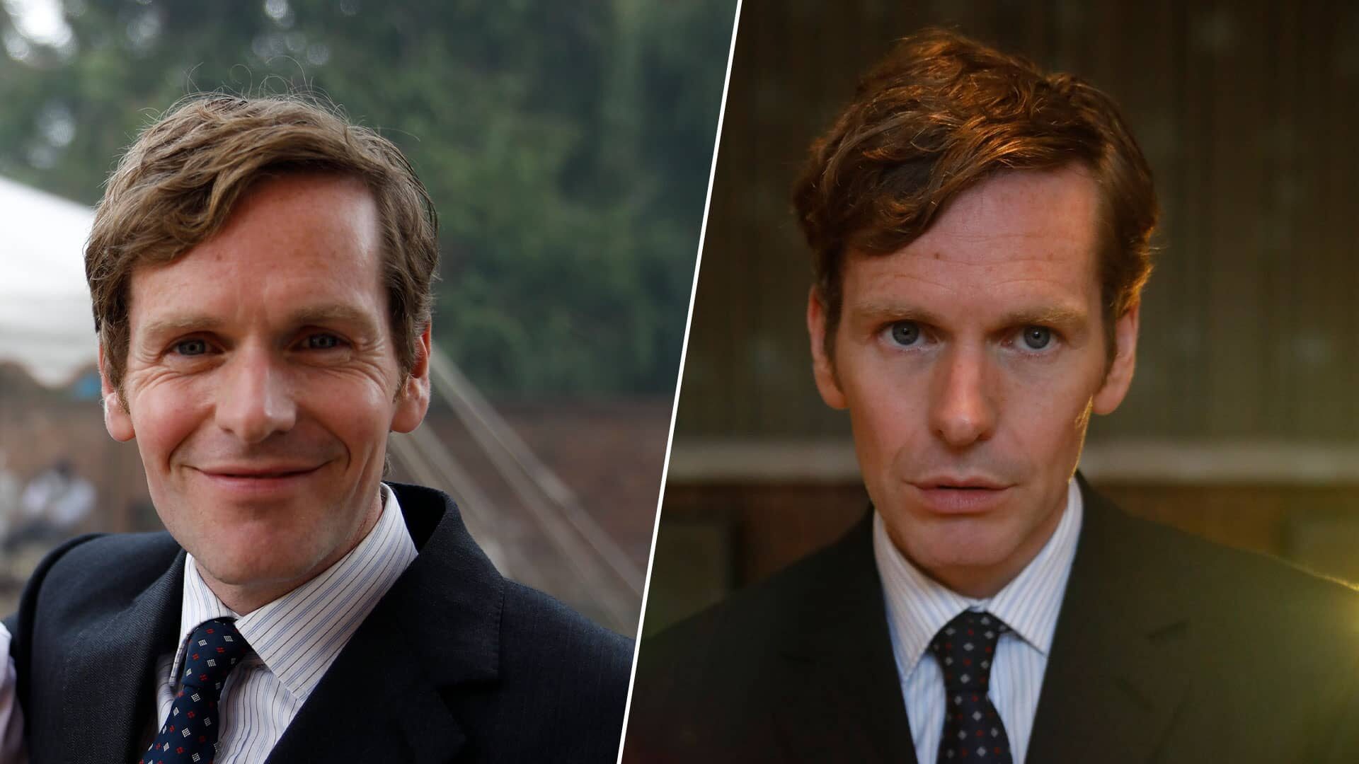 A split image of actor Shaun Evans smiling broadly on the left, and his character Endeavour Morse looking serious and distraught on the left