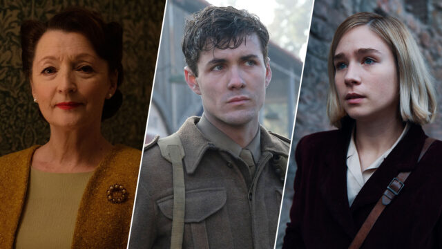 From left to right, actors Leslie Manville, Jonah Hauer-King, and Zofia Wichlacz in the WW2 drama World on Fire from MASTERPIECE on PBS.
