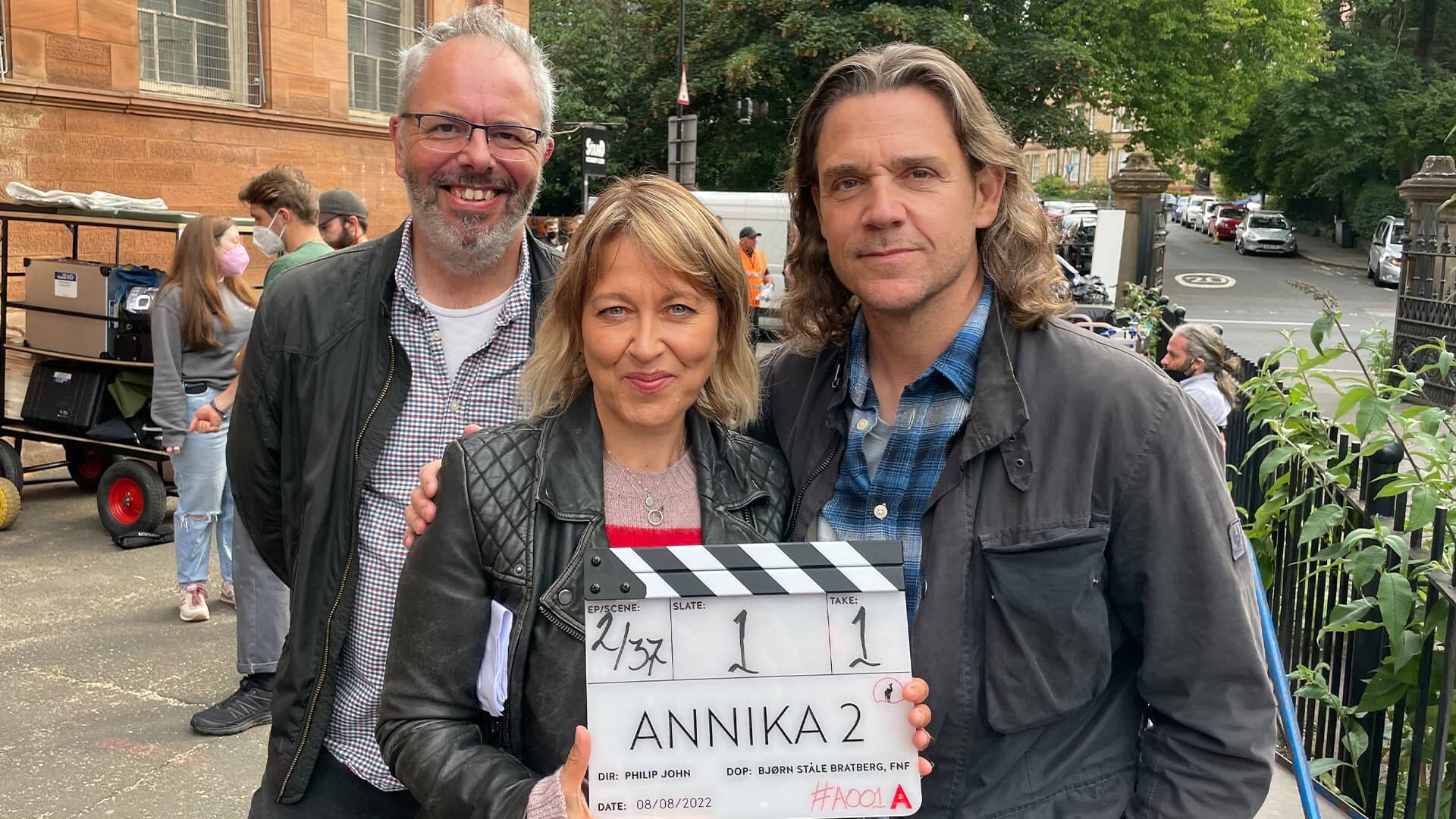 Annika Writer Nick Walker and stars Nicola Walker and Jamie Sives on the set of Season 2