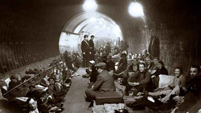 Photo of police and those seeking shelter in the London underground during the Blitz, 1940.tub