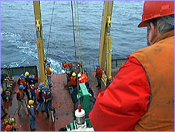  The American Museum's Myles Gordon looks down on the newly secured Gwenen.