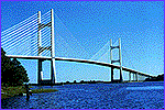 Photo of river with cable-stayed bridge in place