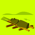 Illustration of moai on wooden sledge with log rollers