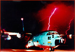 Composite photo of P-3 on runway and lightning strike