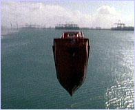 Verhoef's free fall lifeboat swiftly slides from its lodging on an oil platform . . .