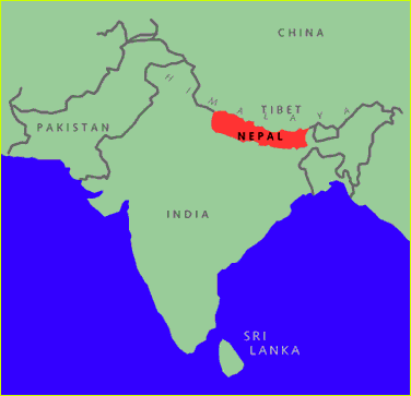 map showing Nepal in relationship to India, Tibet, China, Pakistan, Sri Lanka, etc.