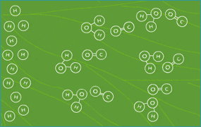 Diagram: H molecules, H2O molecules, and CO molecules