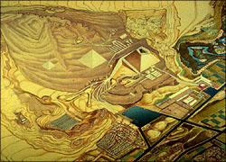 Painting of Giza Plateau at time of building of Great Pyramid, with ramps around pyramid