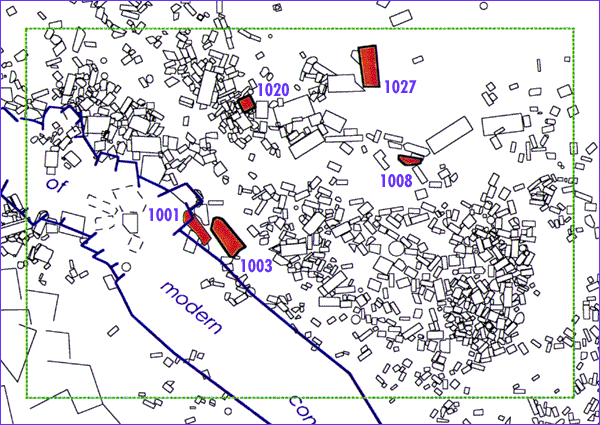 closeup of area with several blocks highlighted in red