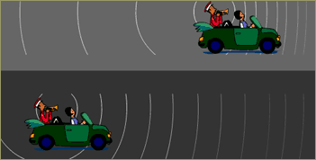 Illustration: two cars, fast and slow, with sound waves, fast and slow