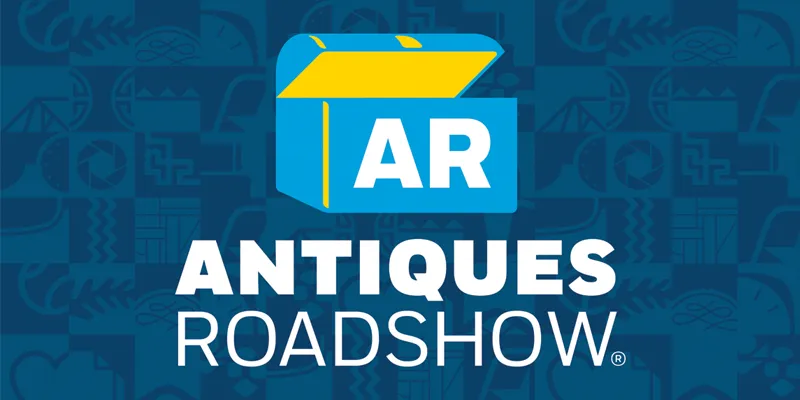 Antiques Roadshow blue-and-yello trunk logo on a dark blue patterned background