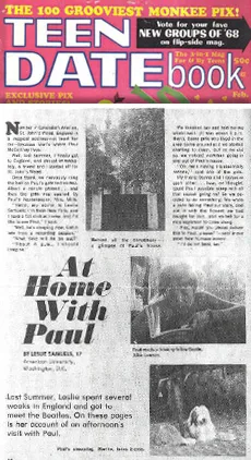 Following her memorable 1967 sojourn in London, Leslie wrote an article for "Teen Datebook" magazine recounting her visit to Paul McCartney's house. (Image courtesy of the owner)