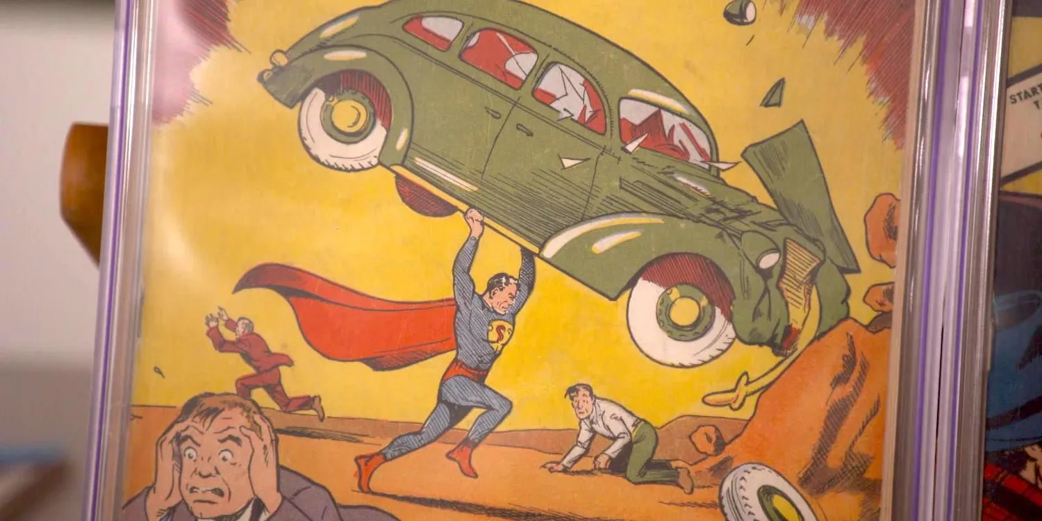 Close-up 1938 comic book illustration of Superman lifting a car