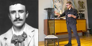 Composite photographic image of designer Charles Rennie Mackintosh (left) and designer Christian Siriano (right) with his reproduction Mackintosh chair