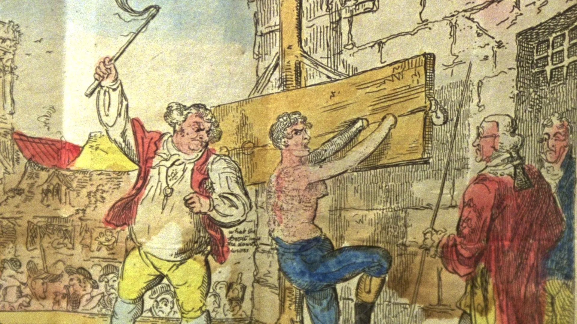 Detail of frontispiece illustration from Henry Fielding's 1813 pamphlet titled "The Female Husband," showing Mary Hamilton being publicly whipped