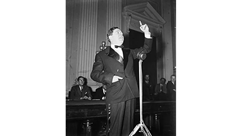 Huey P. Long, "The Kingfish," mid-oration, February or March 1935. (Image source: Harris & Ewing Collection, Library of Congress)