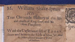 A close-up photograph of the top half of the yellowed title page of a 1655 copy of William Shakespeare's tragedy "King Lear"