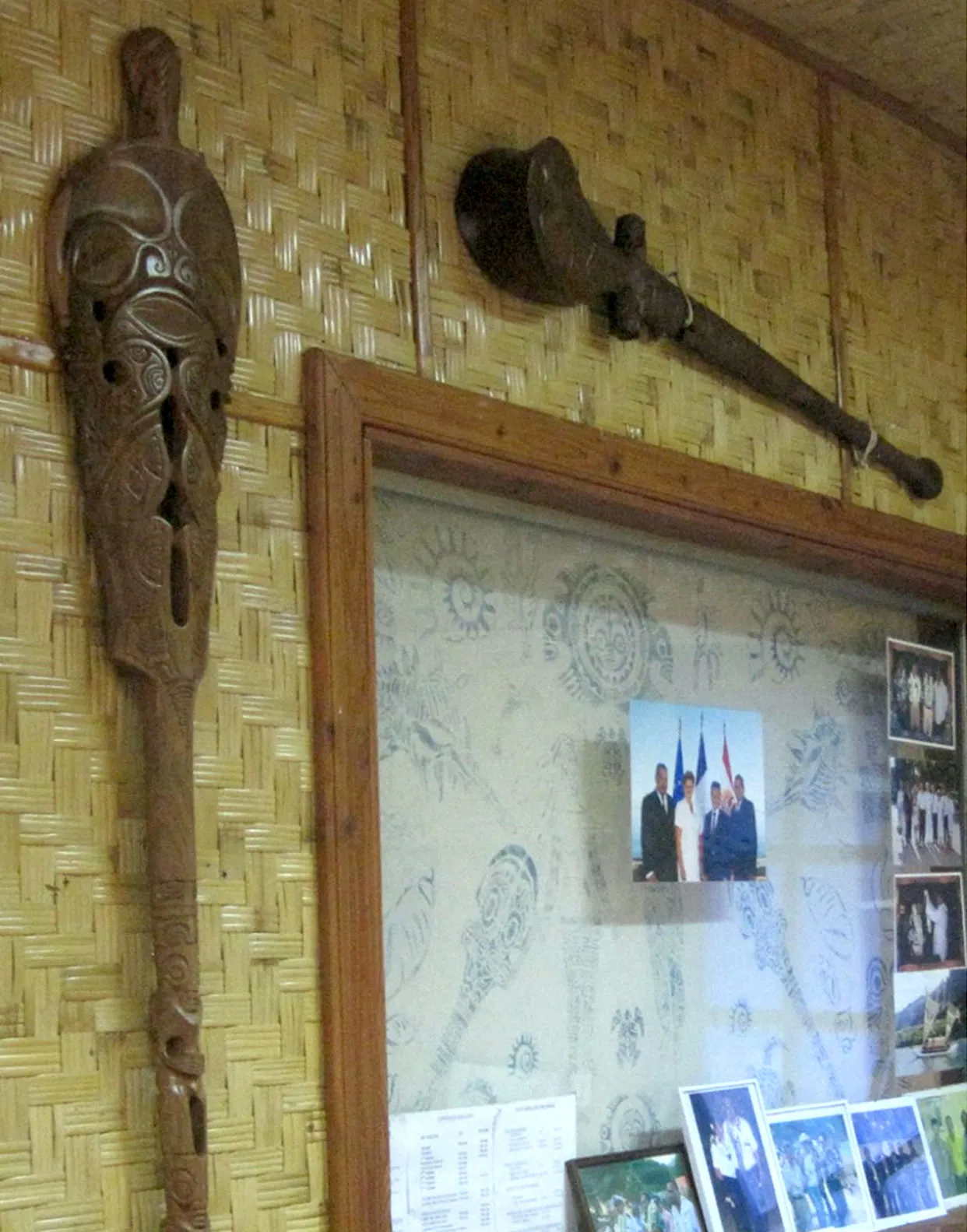 Photograph of Marquesan war clubs on display in the office of Nuku Hiva’s mayor, ca. 2013