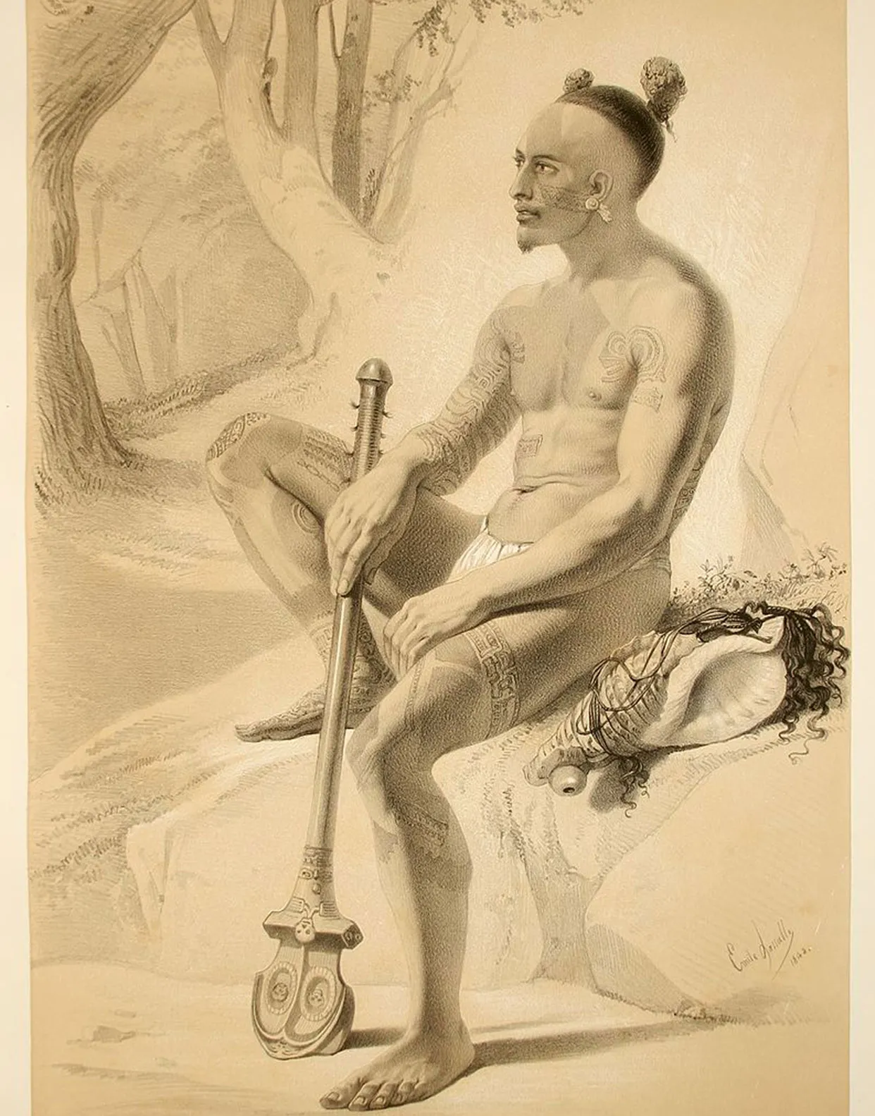 An 1846 engraving by Émile Lassalle depicting a Marquesan warrior of Nuku Hiva.