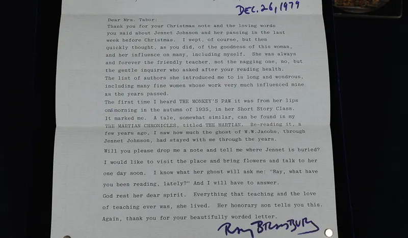 Bradbury wrote this heartfelt letter just after Christmas 1979 upon learning that his former teacher, Jennet Johnson, had died.