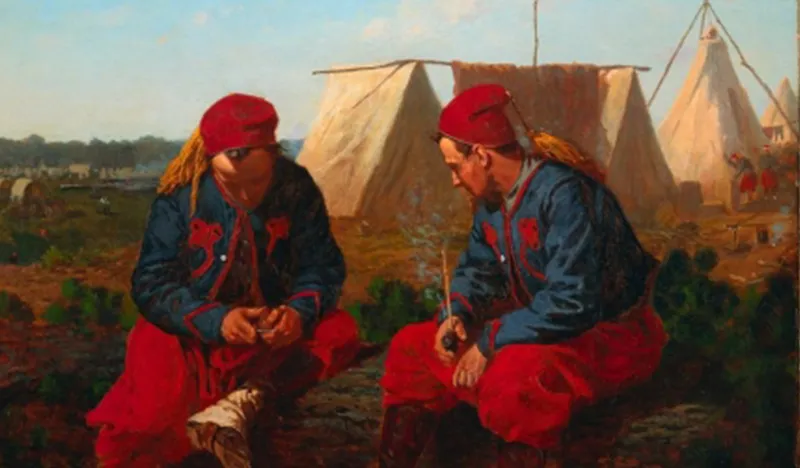 The Briarwood Pipe, ca. 1864, by Winslow Homer. The painting depicts two men in the distinctly uncamouflaged uniform of "Duryée's Zouaves," the 5th New York Volunteer Infantry.