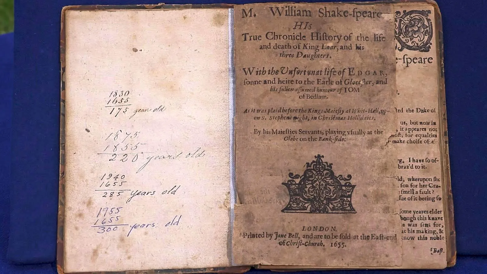 A close-up photograph of the yellowed title page of a 1655 copy of William Shakespeare's tragedy "King Lear"