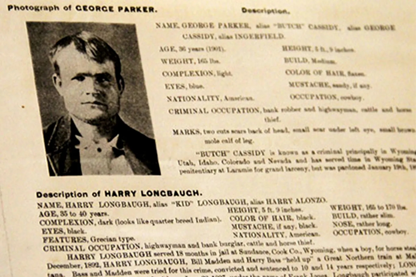 A wanted poster for Butch Cassidy and the Sundance Kid.